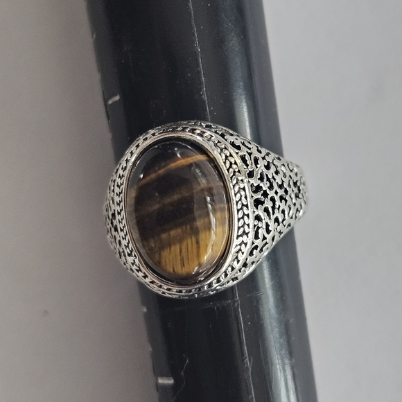 MENS FASHION NEW SIZE 9 CLASSIC STRIPED TIGER EYE  SILVER RING - Picture 3 of 5